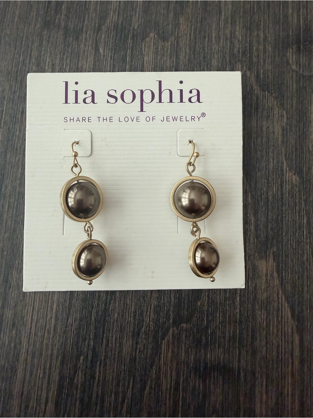 Lia Sophia Gold-Tone Earrings with Brown Pearl Drops - NWOT